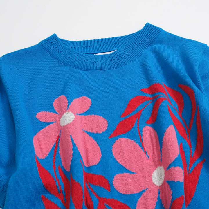 Women's blue floral jacquard knitwear-Cropped Length