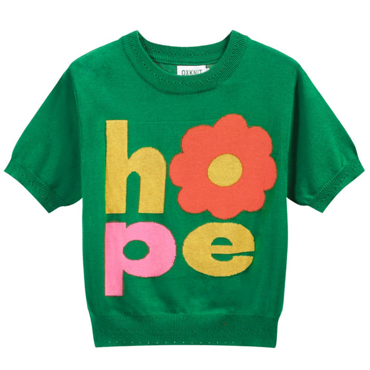 Women's Retro "HOPE" Graphic Knit Top – Vibrant Green-Cropped Length