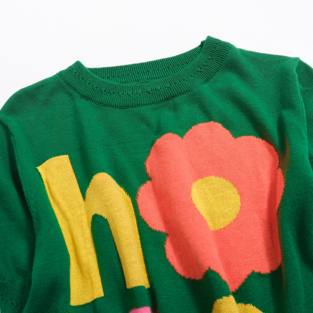 Women's Retro "HOPE" Graphic Knit Top – Vibrant Green-Cropped Length