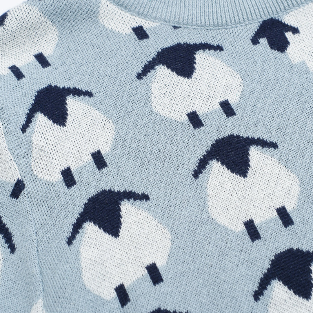 Women’s Blue Sheep Knit Tee – Playful Pastel Pullover-Cropped Length
