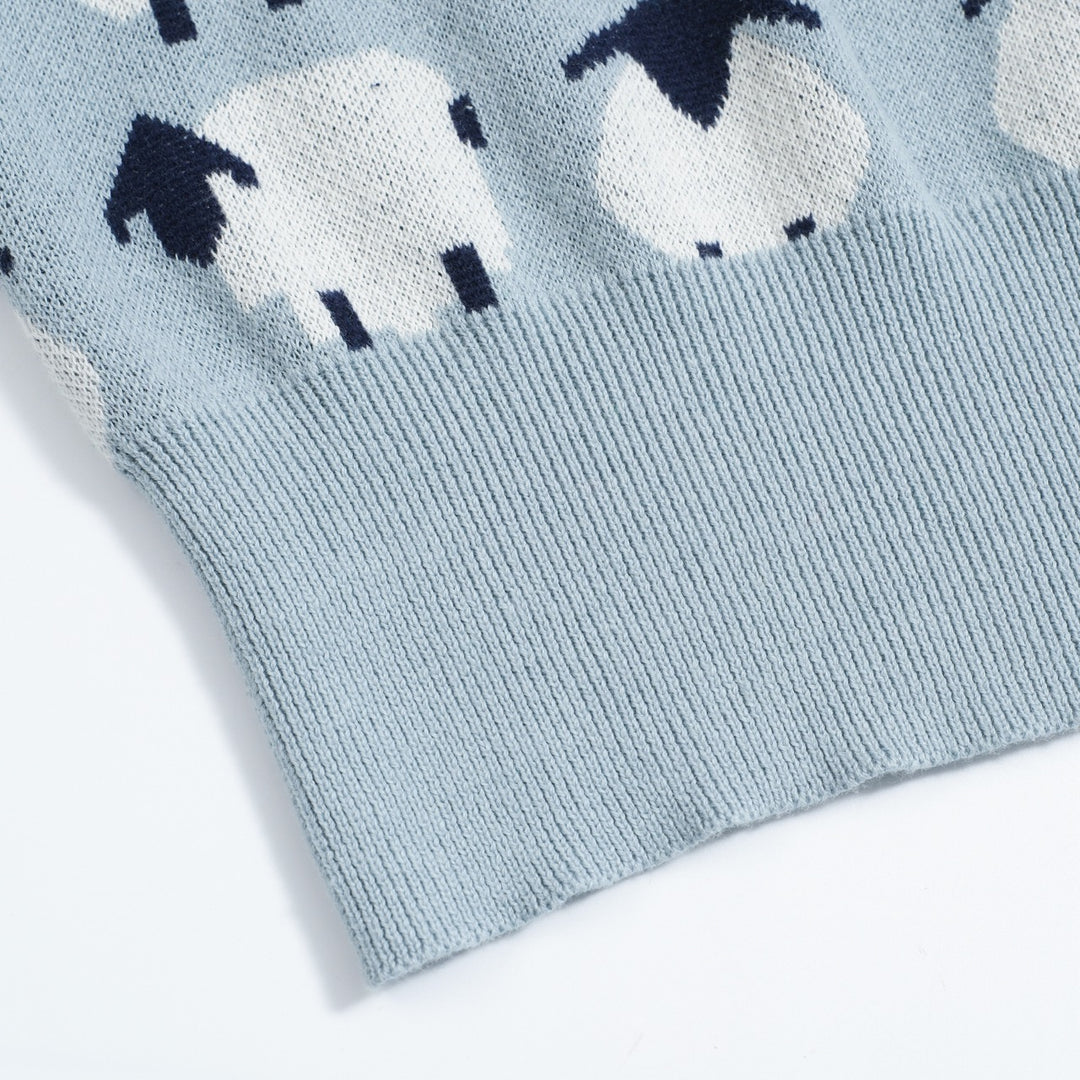 Women’s Blue Sheep Knit Tee – Playful Pastel Pullover-Cropped Length
