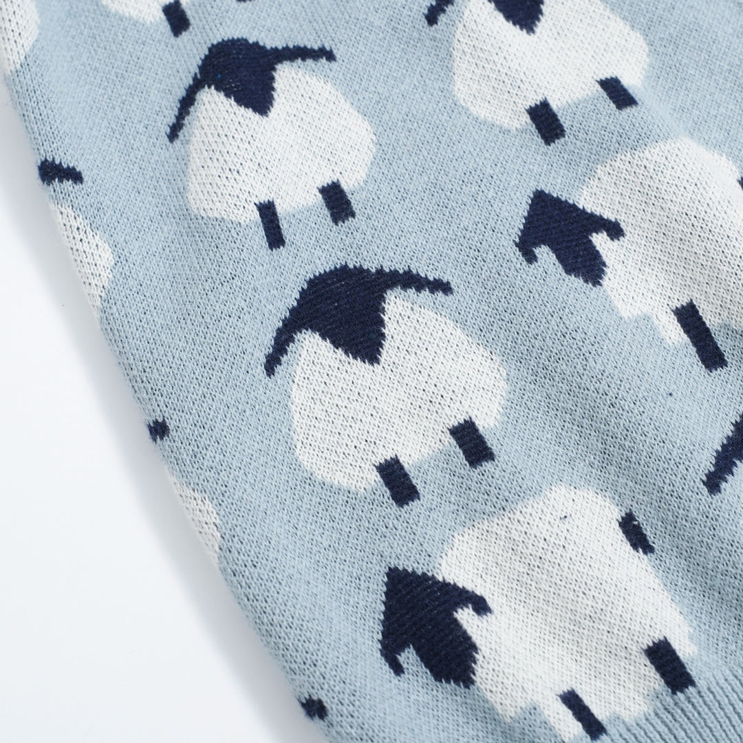Women’s Blue Sheep Knit Tee – Playful Pastel Pullover-Cropped Length