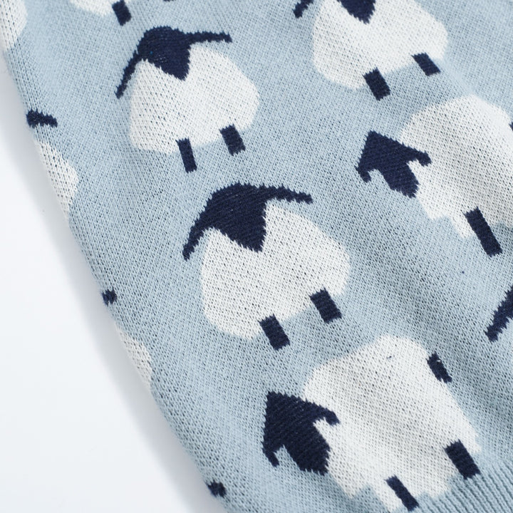 Women’s Blue Sheep Knit Tee – Playful Pastel Pullover-Cropped Length