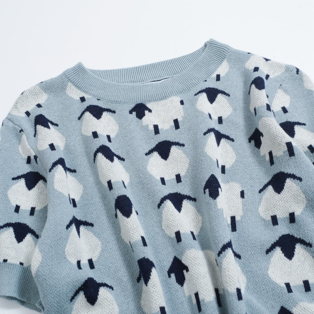 Women’s Blue Sheep Knit Tee – Playful Pastel Pullover-Cropped Length