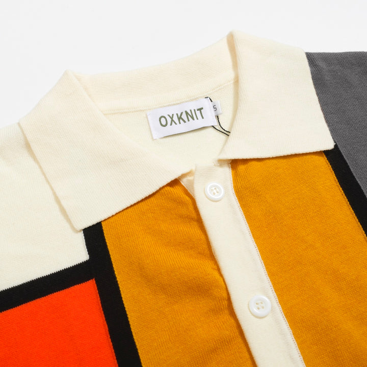 Men’s Retro Bauhaus Knit Shirt – Colorblock Button-Up Polo in Red, Yellow, and Gray