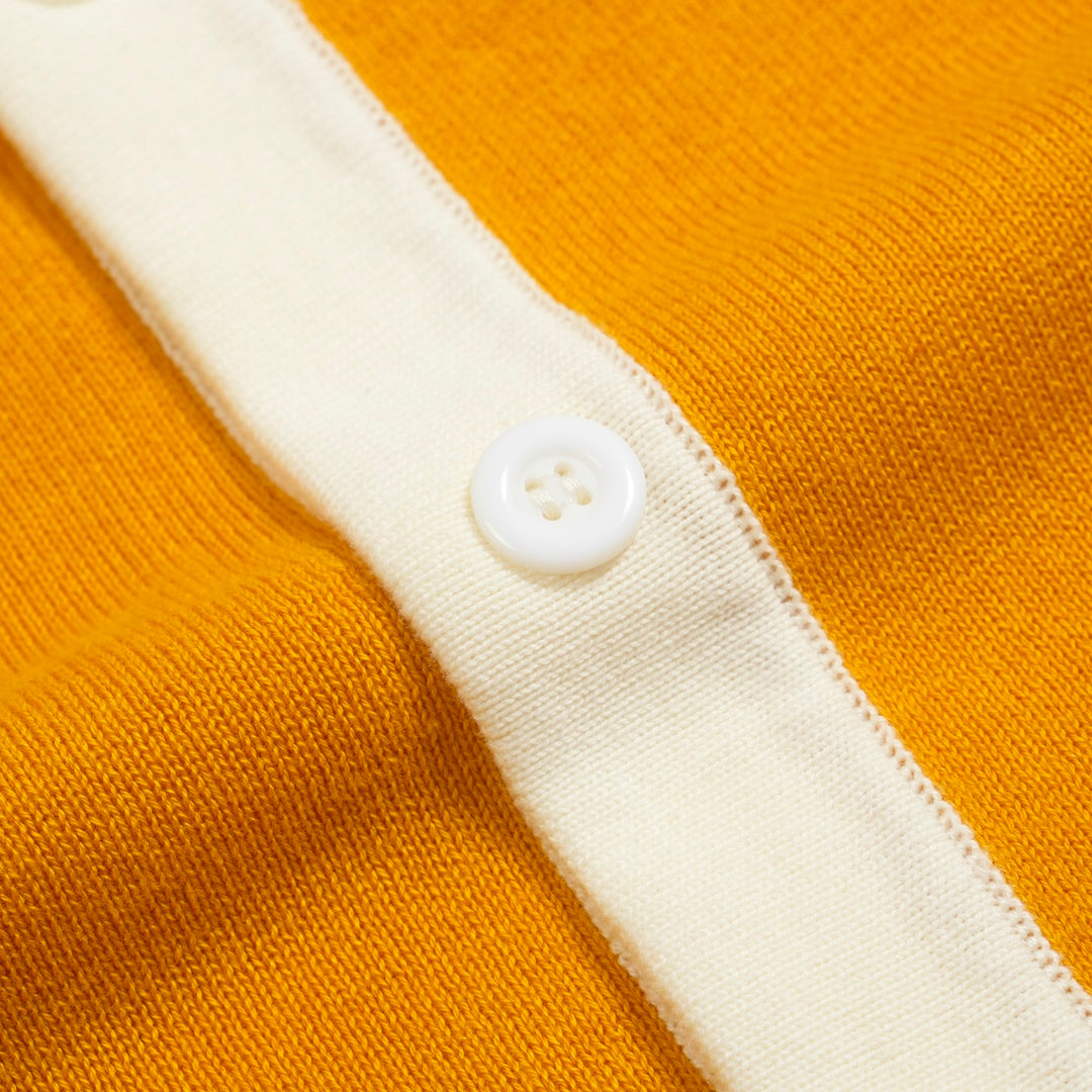 Men’s Retro Bauhaus Knit Shirt – Colorblock Button-Up Polo in Red, Yellow, and Gray