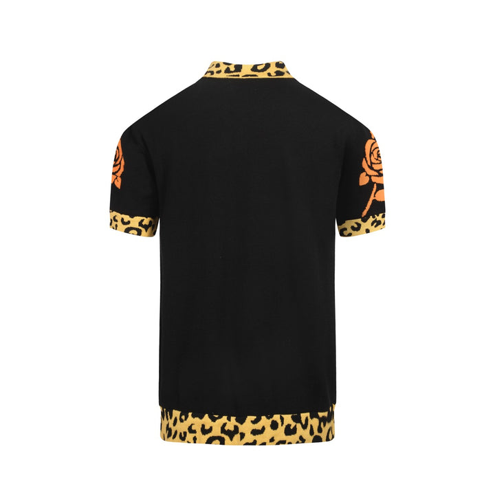 Men's Tiger Tattoo Knit Polo – Black Leopard Print Collar Shirt with Bold Graphics