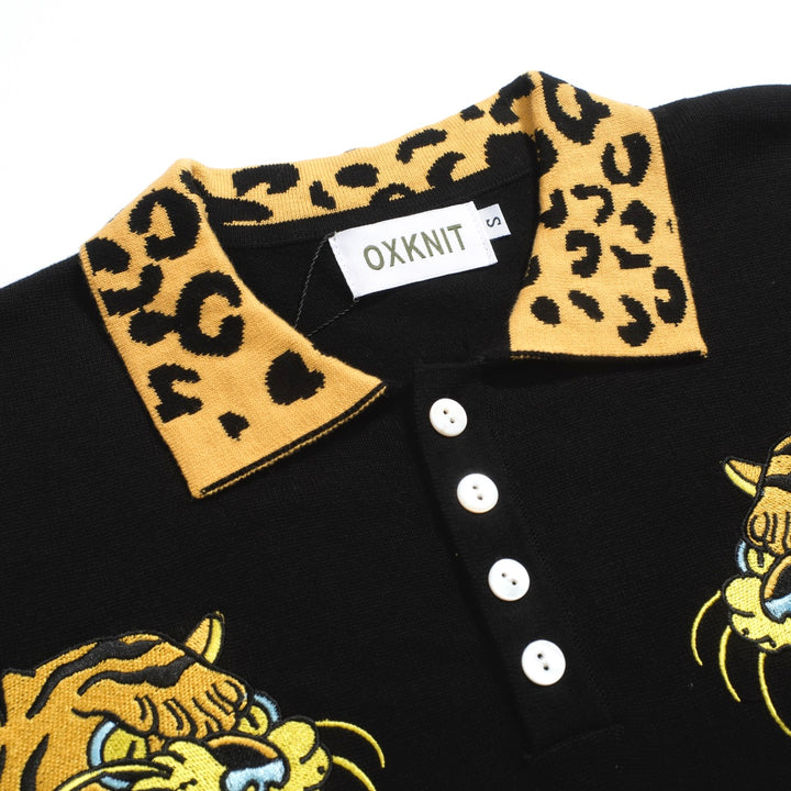 Men's Tiger Tattoo Knit Polo – Black Leopard Print Collar Shirt with Bold Graphics