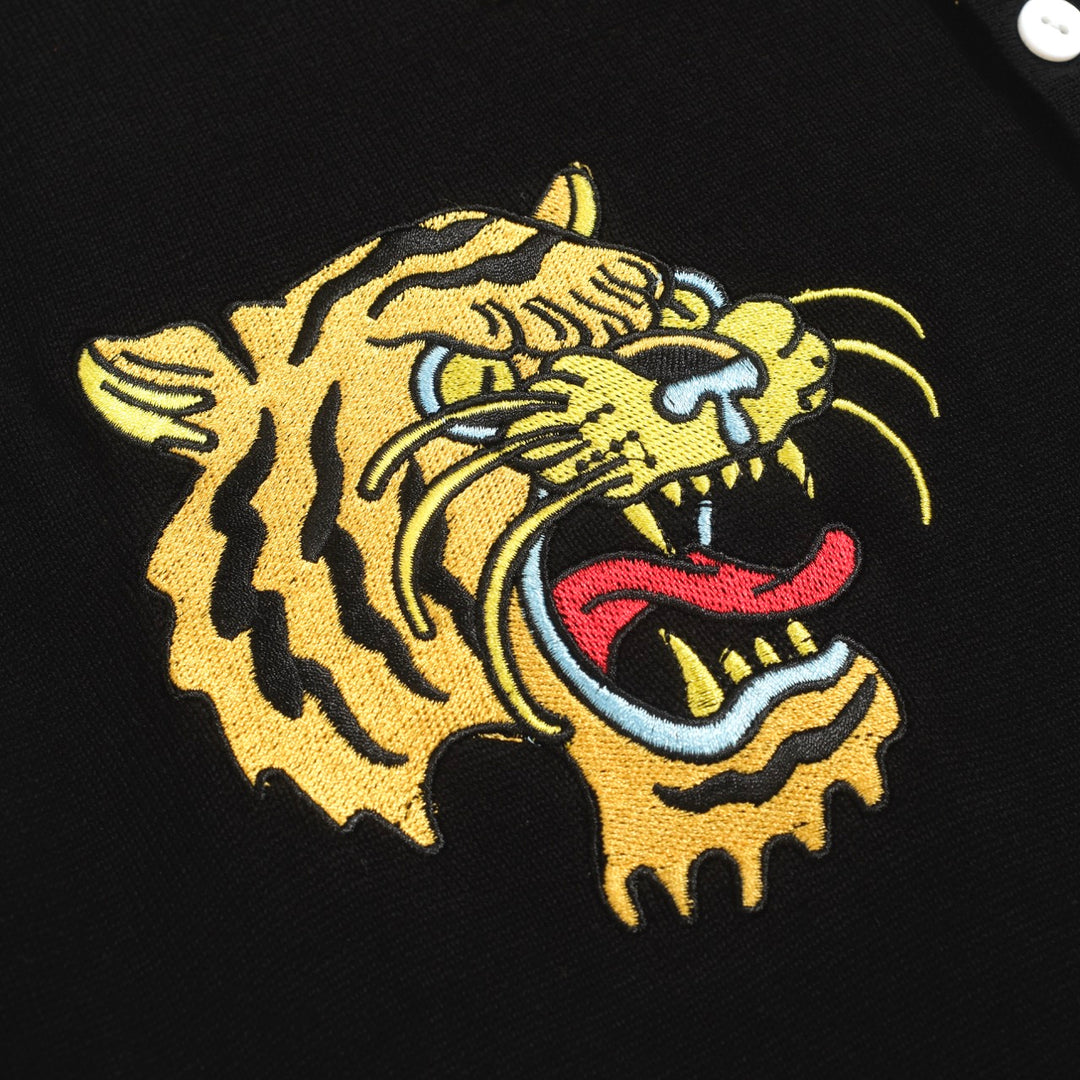 Men's Tiger Tattoo Knit Polo – Black Leopard Print Collar Shirt with Bold Graphics