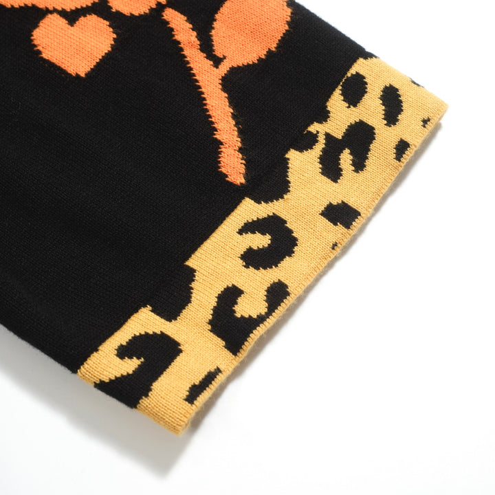Men's Tiger Tattoo Knit Polo – Black Leopard Print Collar Shirt with Bold Graphics