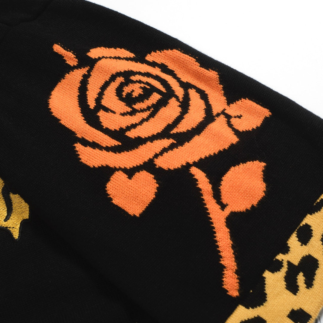 Men's Tiger Tattoo Knit Polo – Black Leopard Print Collar Shirt with Bold Graphics