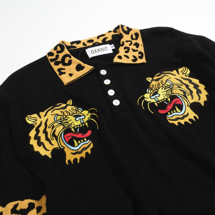 Men's Tiger Tattoo Knit Polo – Black Leopard Print Collar Shirt with Bold Graphics
