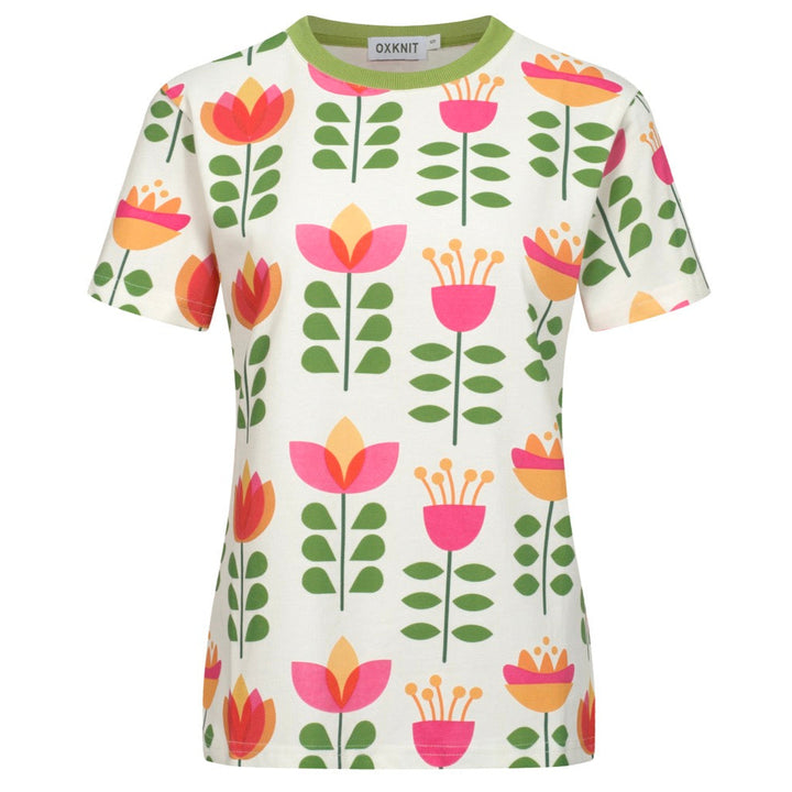 Katoenen t -shirt voor dames met groene bloemen - ontworpen door Carrie Cantwell