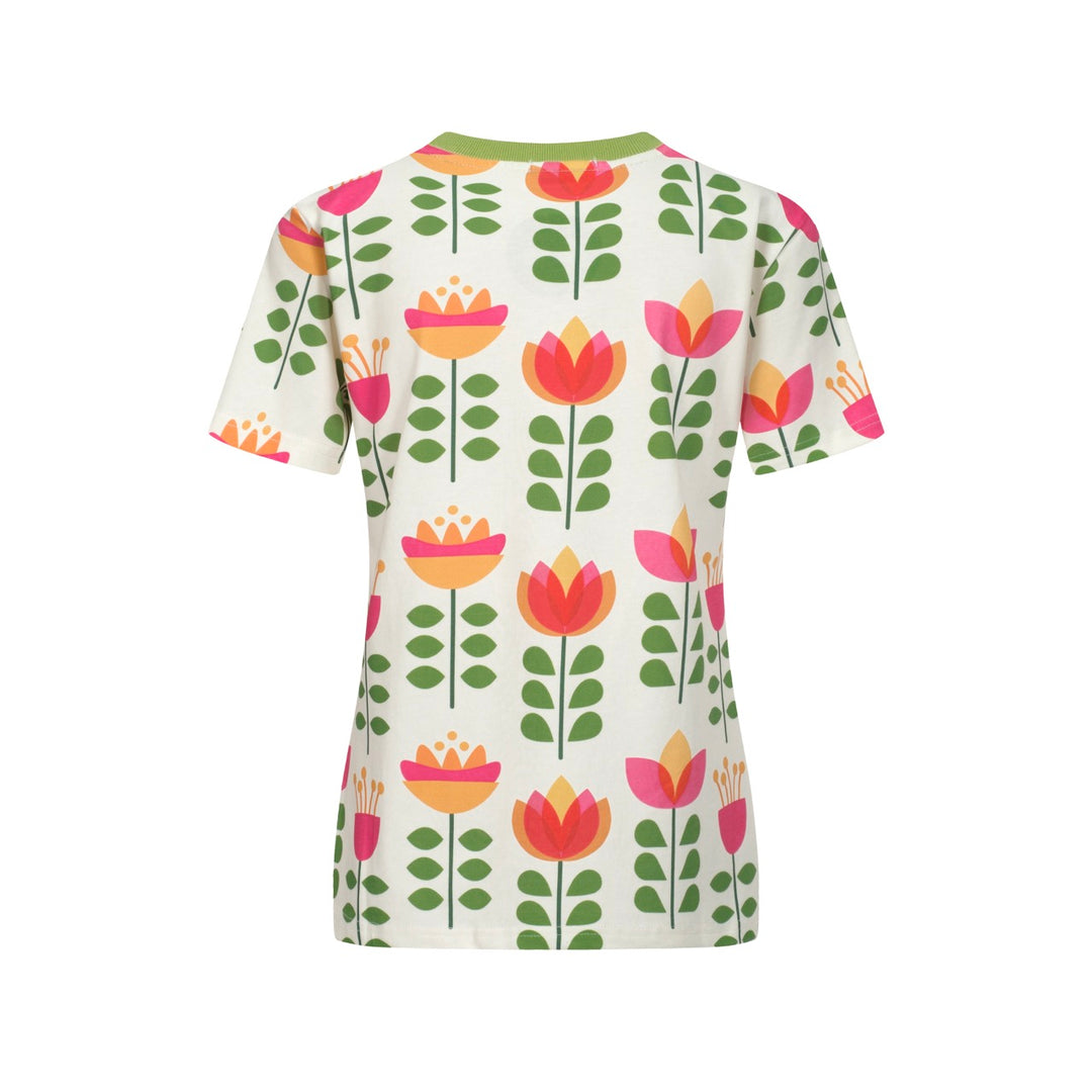 Katoenen t -shirt voor dames met groene bloemen - ontworpen door Carrie Cantwell