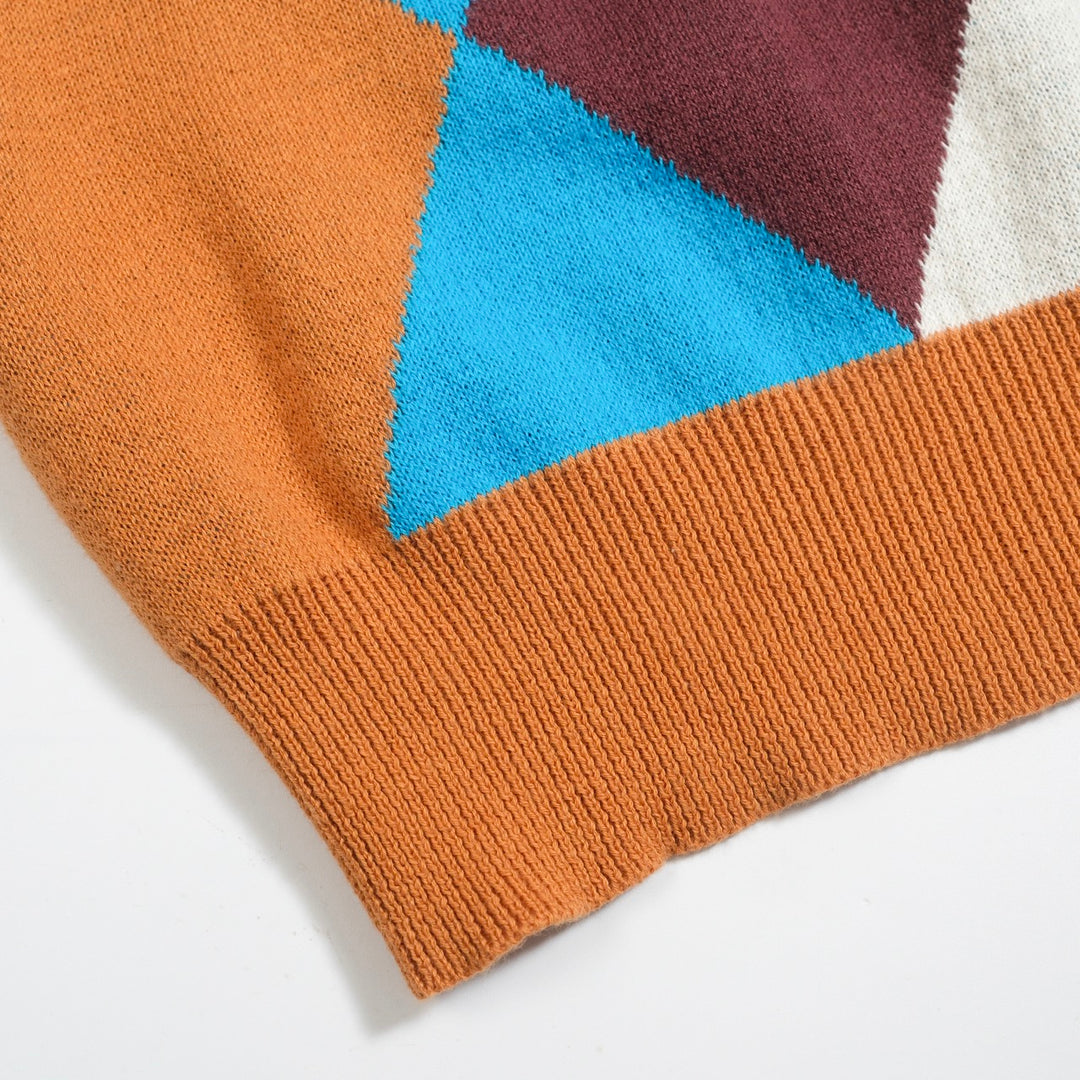 Men's Vintage Argyle Knit Polo – 70s Style Mustard Blue Diamond Shirt