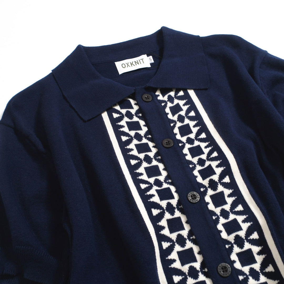 Men's 60s Embroidered Knit Polo Navy Button-Up Retro Shirt – OXKnit
