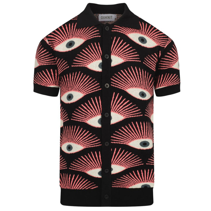 Men's Psychedelic Eye Knit Shirt – Black Button-Up with All-Seeing Graphic Print - designed by Carrie Cantwell