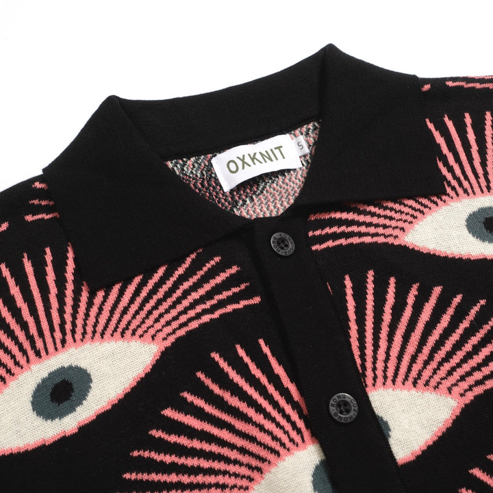 Men's Psychedelic Eye Knit Shirt – Black Button-Up with All-Seeing Graphic Print - designed by Carrie Cantwell