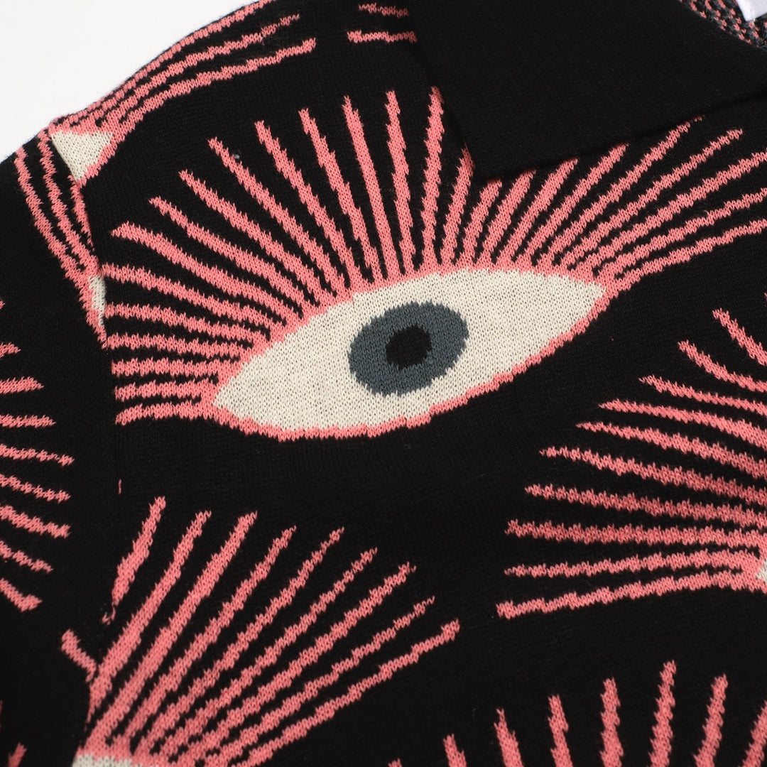 Men's Psychedelic Eye Knit Shirt – Black Button-Up with All-Seeing Graphic Print - designed by Carrie Cantwell