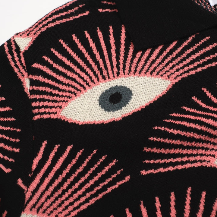 Men's Psychedelic Eye Knit Shirt – Black Button-Up with All-Seeing Graphic Print - designed by Carrie Cantwell