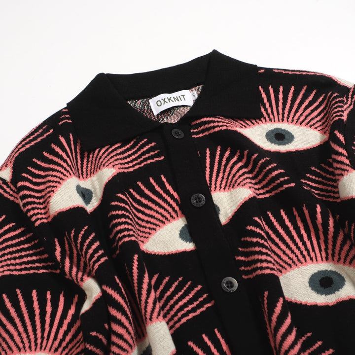 Men's Psychedelic Eye Knit Shirt – Black Button-Up with All-Seeing Graphic Print - designed by Carrie Cantwell