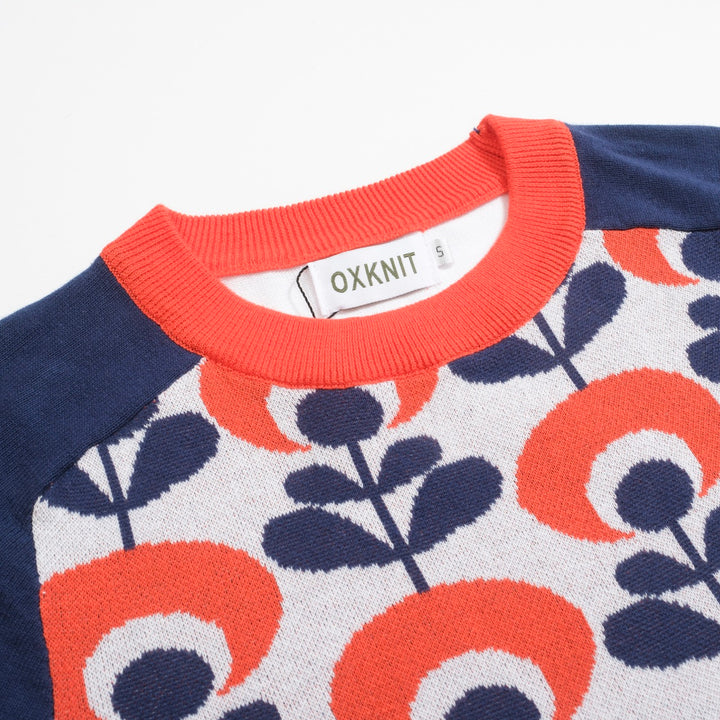 Women's blue vintage jacquard shoulder knitwear