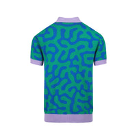 Men's Abstract Squiggle Knit Polo – 80s-Inspired Green and Blue Shirt