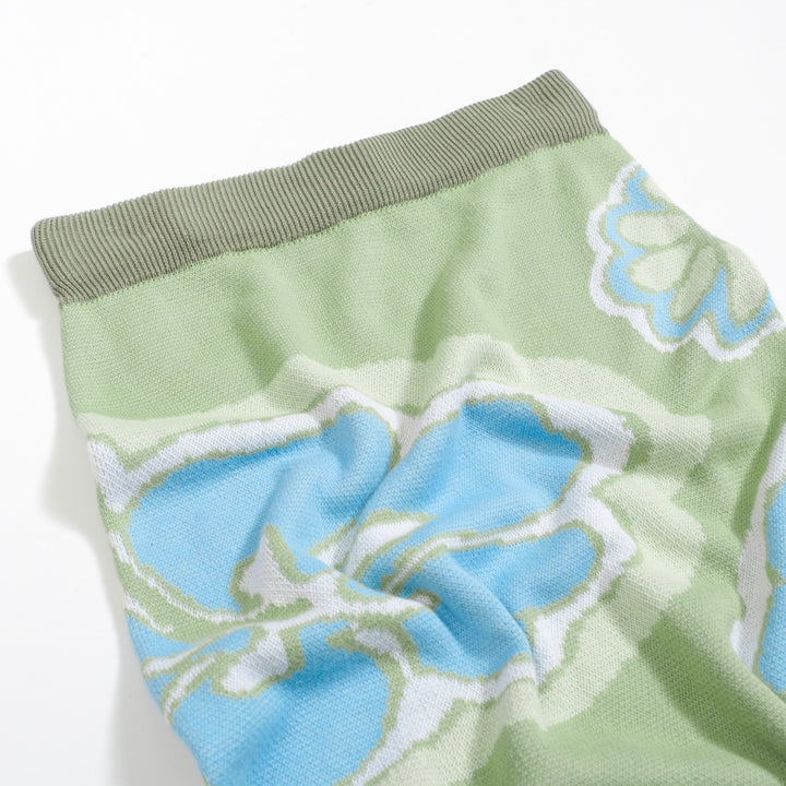Women’s Green Floral Knit Set with Blue and White Flower Print
