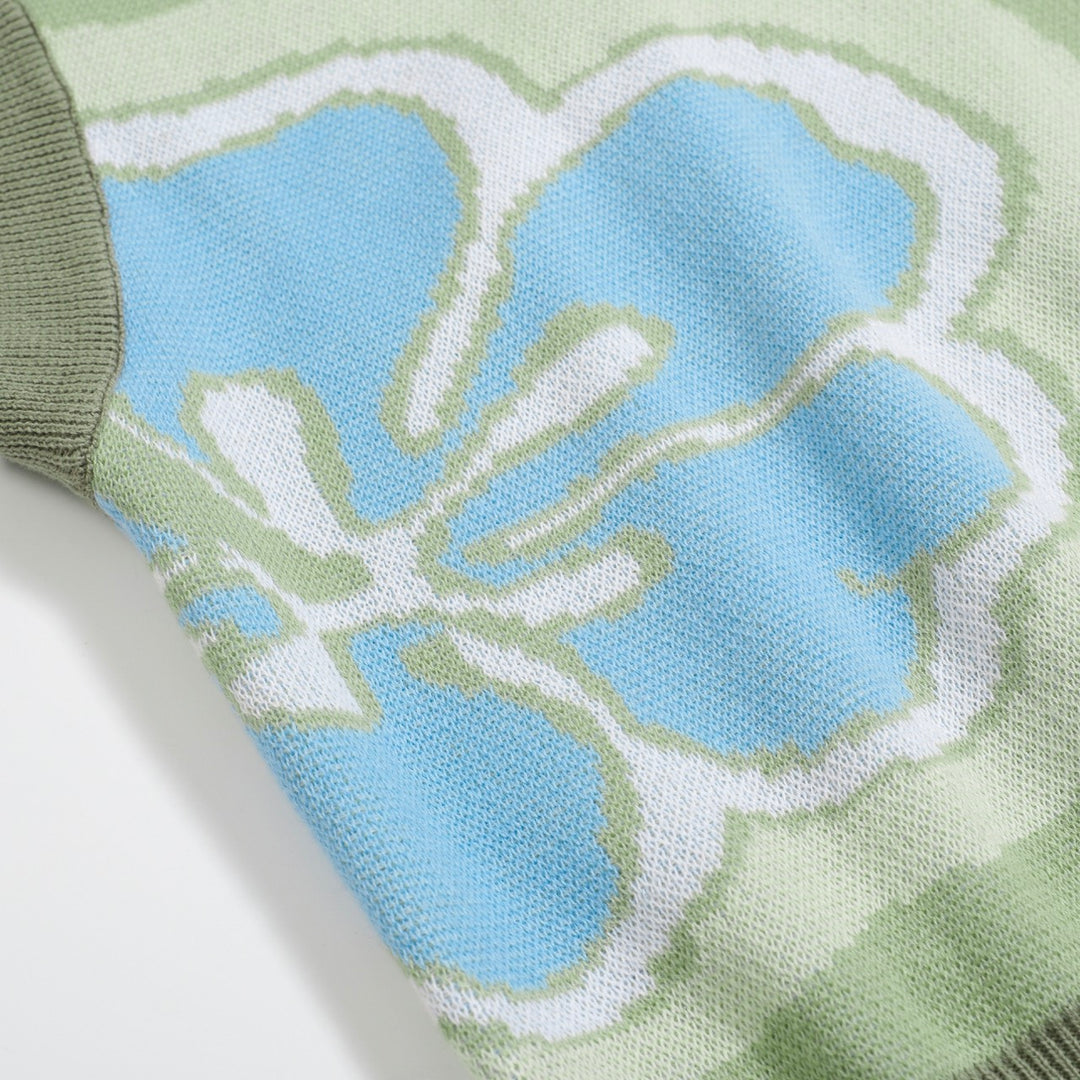 Women’s Green Floral Knit Set with Blue and White Flower Print