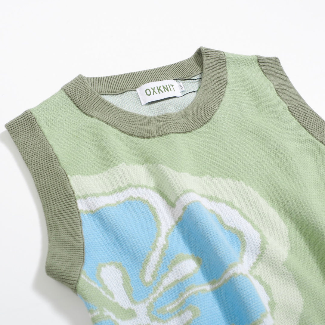 Women’s Green Floral Knit Set with Blue and White Flower Print