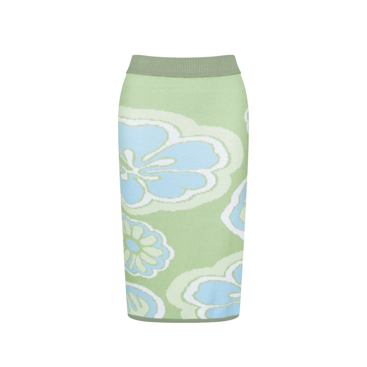 Women’s Green Floral Knit Set with Blue and White Flower Print