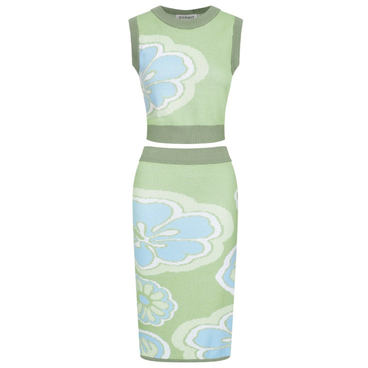 Women’s Green Floral Knit Set with Blue and White Flower Print