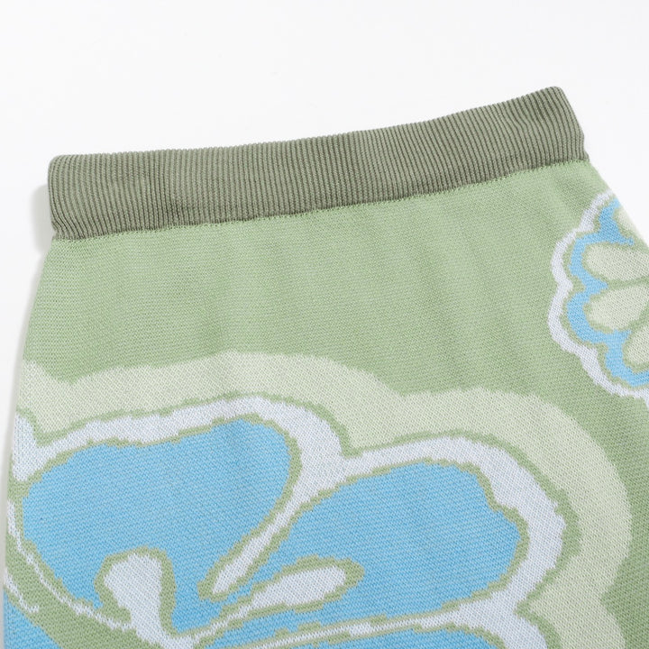 Women’s Green Floral Knit Set with Blue and White Flower Print