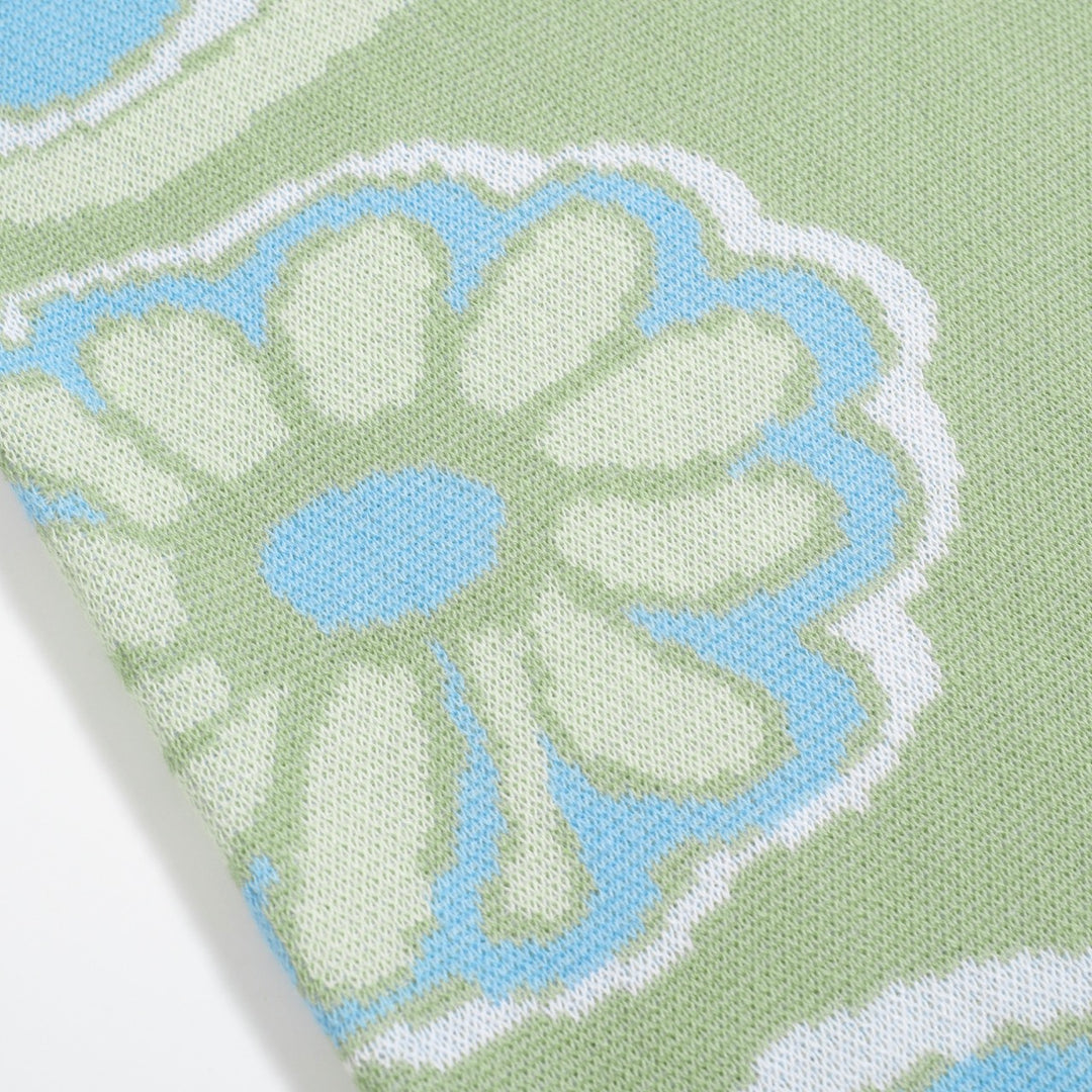 Women’s Green Floral Knit Set with Blue and White Flower Print