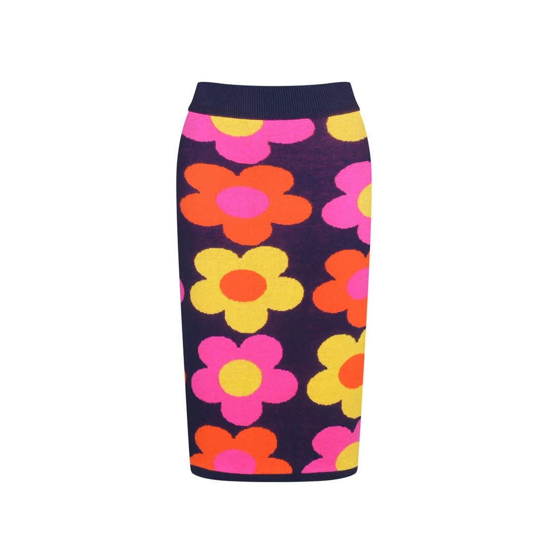 Women’s Retro Floral Knit Set with Vibrant Orange, Pink, and Yellow Flowers