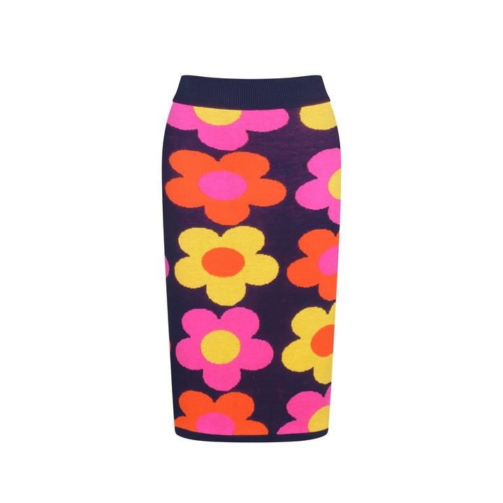 Women’s Retro Floral Knit Set with Vibrant Orange, Pink, and Yellow Flowers