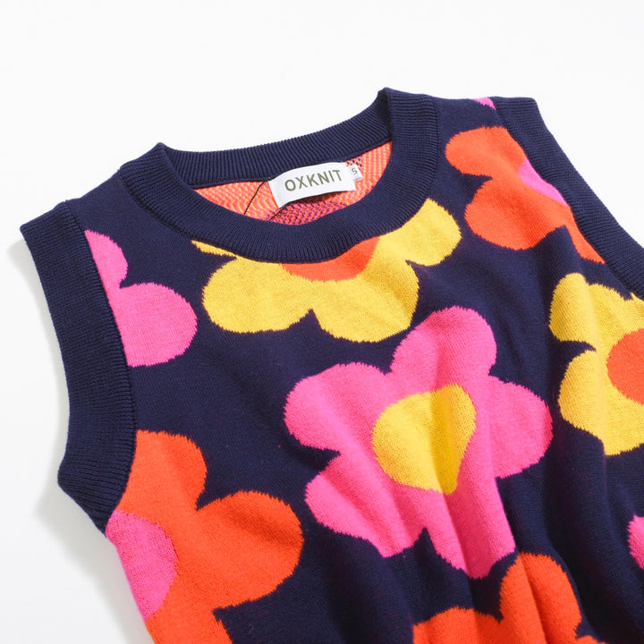 Women’s Retro Floral Knit Set with Vibrant Orange, Pink, and Yellow Flowers