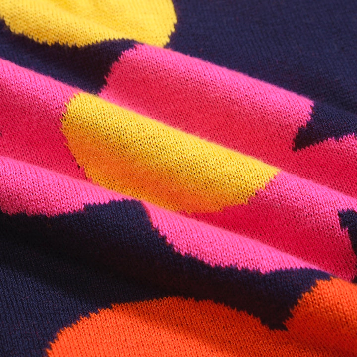 Women’s Retro Floral Knit Set with Vibrant Orange, Pink, and Yellow Flowers