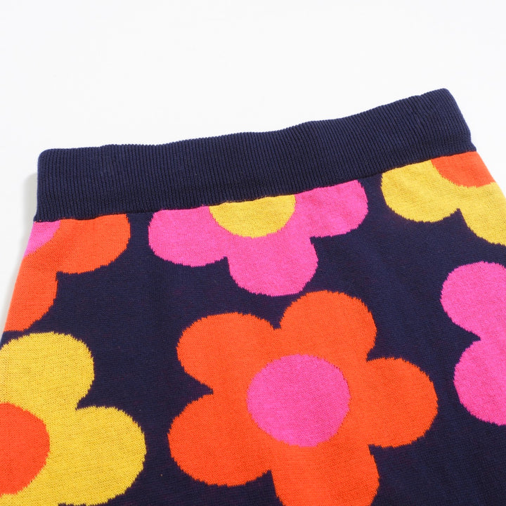 Women’s Retro Floral Knit Set with Vibrant Orange, Pink, and Yellow Flowers