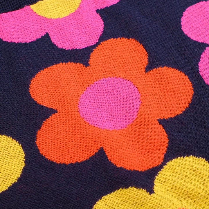 Women’s Retro Floral Knit Set with Vibrant Orange, Pink, and Yellow Flowers