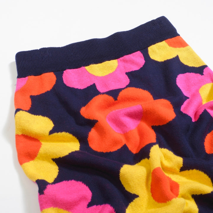 Women’s Retro Floral Knit Set with Vibrant Orange, Pink, and Yellow Flowers
