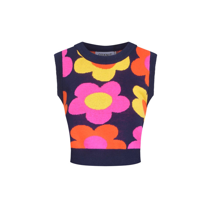 Women’s Retro Floral Knit Set with Vibrant Orange, Pink, and Yellow Flowers