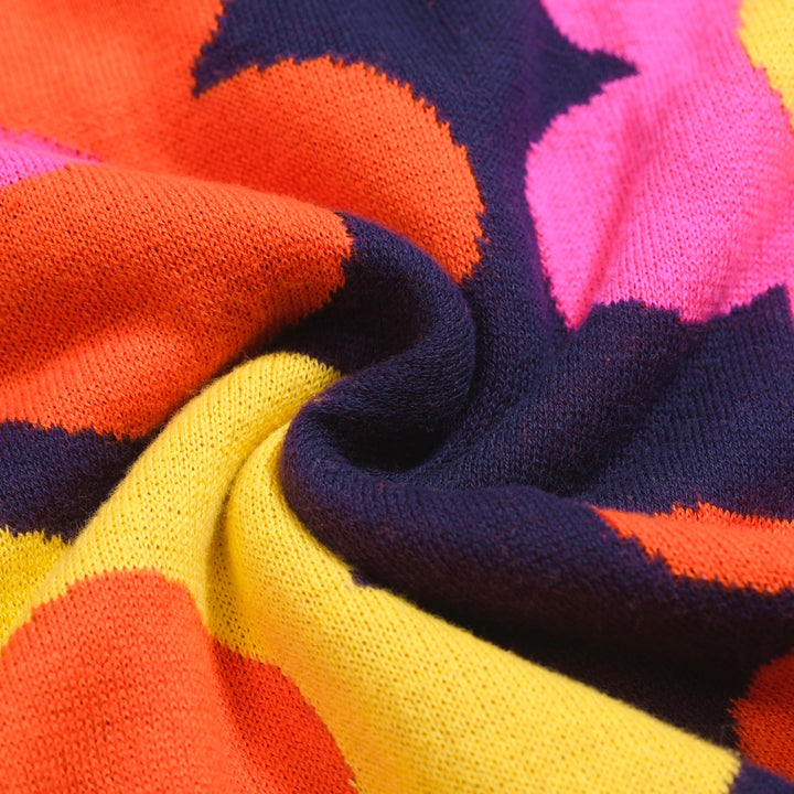 Women’s Retro Floral Knit Set with Vibrant Orange, Pink, and Yellow Flowers