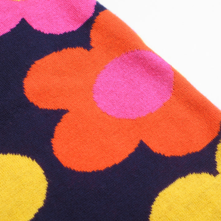 Women’s Retro Floral Knit Set with Vibrant Orange, Pink, and Yellow Flowers