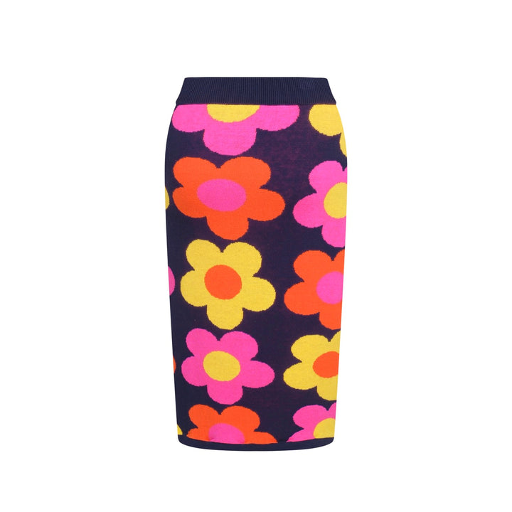 Women’s Retro Floral Knit Set with Vibrant Orange, Pink, and Yellow Flowers