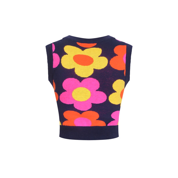 Women’s Retro Floral Knit Set with Vibrant Orange, Pink, and Yellow Flowers
