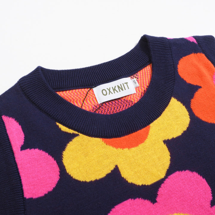 Women’s Retro Floral Knit Set with Vibrant Orange, Pink, and Yellow Flowers
