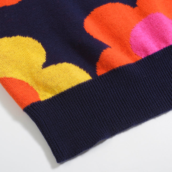 Women’s Retro Floral Knit Set with Vibrant Orange, Pink, and Yellow Flowers