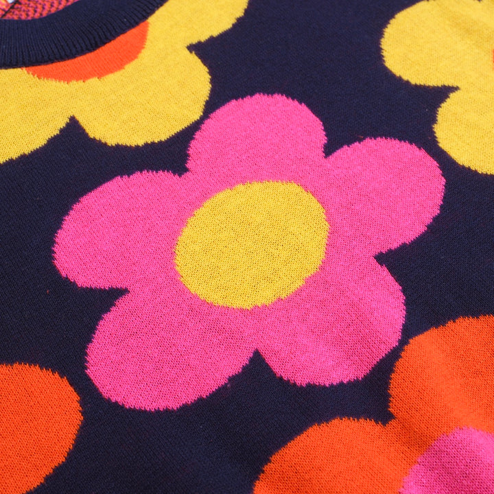 Women’s Retro Floral Knit Set with Vibrant Orange, Pink, and Yellow Flowers