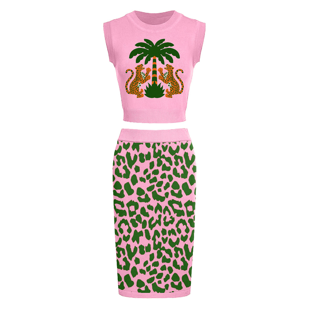 Women's Pink Leopard Print Knit Set – Crop Top & Pencil